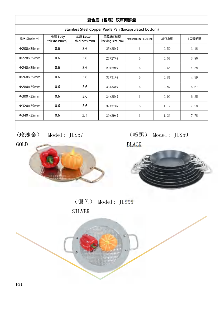 JLS57 Gold Stainless Steel Paella Pan
